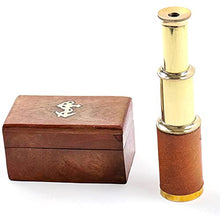 Load image into Gallery viewer, Mythrojan Mini Pirate Spyglass Telescope Brass Collapsible Hand Telescope with Wooden Box Small Vintage Telescope Pirate Decore Brass Decorative Telescope 9&#39;&#39;
