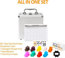 Load image into Gallery viewer, Double 12 Coloured Dot Dominoes Mexican Train Game Set with Aluminum Case, 91 Tiles 9 Trains, Scoreboard, Octagon Shape Hub
