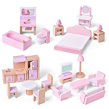 Load image into Gallery viewer, FUN LITTLE TOYS 4 Set Wooden Doll House Furniture, 22 PCs of Dollhouse Accessories, Pink Wooden Toys, Stocking Stuffers for Kids
