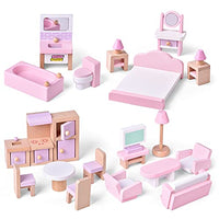 FUN LITTLE TOYS 4 Set Wooden Doll House Furniture, 22 PCs of Dollhouse Accessories, Pink Wooden Toys, Stocking Stuffers for Kids