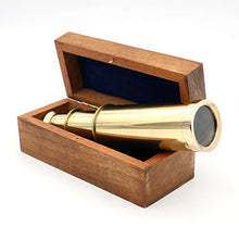 Load image into Gallery viewer, Mythrojan Mini Pirate Spyglass Telescope Brass Collapsible Hand Telescope with Wooden Box Small Vintage Telescope Pirate Decore Brass Decorative Telescope 9&#39;&#39; - Brass
