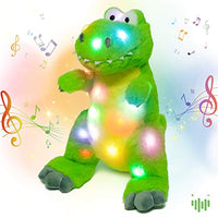 Hopearl LED Musical T-Rex Stuffed Dinosaur Light up Singing Plush Toy Adjustable Volume Lullaby Animated Soothe Birthday Festival for Kids Toddler Girls, Green, 12.5''