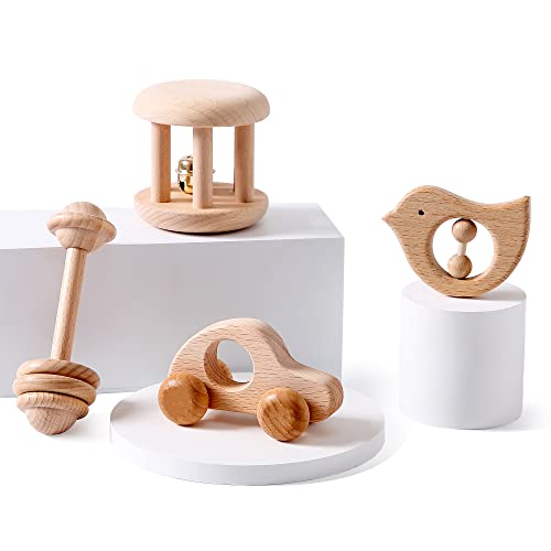 Wooden Baby Toys Wooden Rattle 4PC Handmade Natural Organic Preschool Baby Grasping Toy