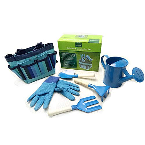 ZDQ Childrens Gardening Tool Set with Watering Can, Gloves, Rake, Garden Bag Durable Garden Play Game Kits Easy to Carry and Foldaway Children Gardening Set,Blue