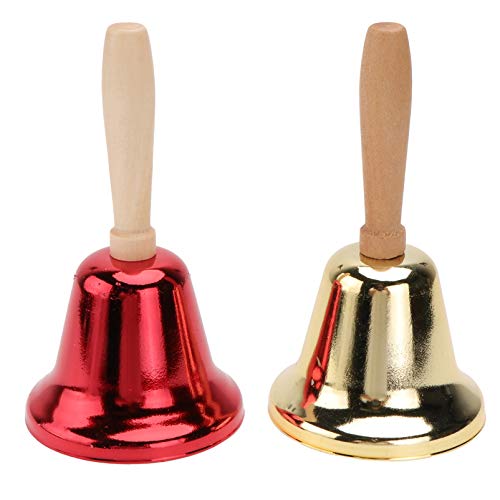 Holibanna 2Pcs Hand Bell Christmas Jingle Bells with Wood Handle Metal Santa Claus Rattles Call Service Dinner Bells Musical Percussion Toy for Kids Adults Christmas Party Favors