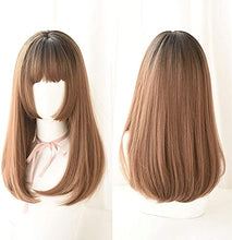 Load image into Gallery viewer, Natural Beautiful Wigs, Japanese Lolita Long Straight Lace Front Wigs with Air Bangs 2 Tone Color Mixed Heat Resistant Synthetic Fiber Hair for Cosplay 20inches (Color : Honey pudding Brown, Edition :
