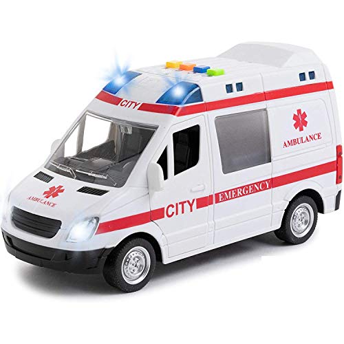 Ambulance Toy Car & 2 Toy Figures with Light & Siren Sound Effects - Friction Powered Wheels & LED Lights - Heavy Duty Plastic Rescue Vehicle Toy for Kids & Children by Toy To Enjoy