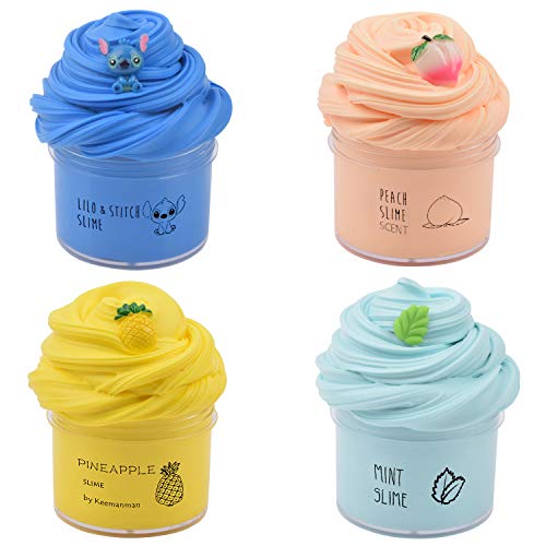 4 Pack Butter Slime Kit with Blue Stitch, Peach, Pineapple and Mint Charms, Scented DIY Slime Supplies for Girls and Boys, Stress Relief Toy for Kids Education, Party Favor, Gift and Birthday