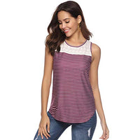 WYTong Women Summer Sleeveless T Shirt Casual Stripe Print Tank Top Lace Splicing Crew Neck Vest Shirt Blouse(Wine Red,M)