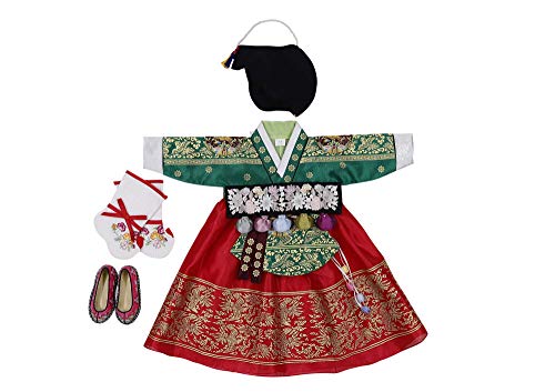 Girl Baby First Birthday Party Celebration Hanbok Korean Traditional Costumes Green Red Gold Print 100th - 10 Ages ehg01 (2 ages hanbok full set)