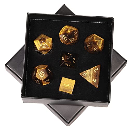 SUNYIK 7 PCS Polished Crystal Stone Polyhedral DND Dice Set for for RPG MTG Table Games, DND Game Dice Polyhedral Dungeons and Dragons for Office Home Decoration, Tiger's Eye