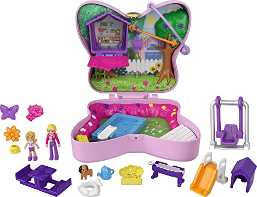 Polly Pocket Backyard Butterfly Compact, Outdoor Theme with Micro Polly Doll, Pollys Mom Doll 5 Reveals & 13 Accessories, Pop & Swap Feature, Great Gift for Ages 4 Years Old & Up