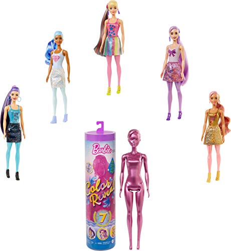 Barbie Color Reveal Doll with 7 Surprises: 4 Mystery Bags; Water Reveals Dolls Look & Color Change on Bodice & Hair; Shimmer Series; [Styles May Vary]