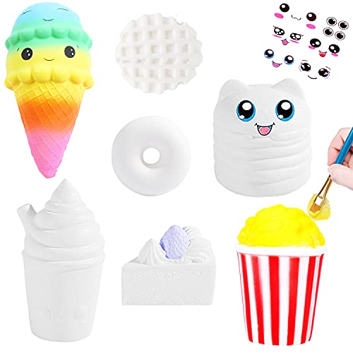 7Pcs Arts and Crafts for Girls, DIY Dessert Paint Your Own Squishies Kit! Gifts for Craft Lovers Kids Top Christmas Toys. Jumbo Slow Rise Squishies Stress Relief for Adult, with Decorating Stickers