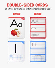 Load image into Gallery viewer, Gamenote Dry Erase Alphabet and Number Flash Cards - Write and Wipe Laminated ABC Letter Tracing Practice Card for Kindergarten (47 Flashcards with 2 Rings and Marker)
