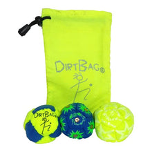 Load image into Gallery viewer, Dirtbag All Star Footbag Hacky Sack 3 Pack with Pouch, 100% Handmade, Premium Quality, Bright Vivid Colors, Signature Carry Bag - Fluorescent Yellow/Blue
