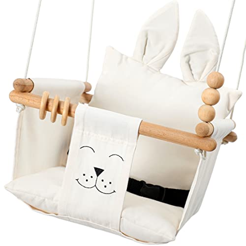 Mass Lumber Canvas Indoor Baby Swing Outdoor Seat with Belt, Ceiling Hanging Set, Storage Bag Baby Hammock Swing Chair for Infants Baby Gift Fabric Toddler Porch Swing Baby Tree Swing (Beige)