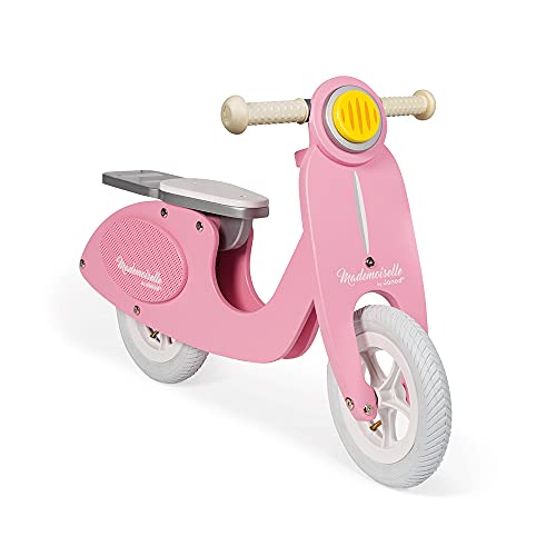 Janod Mademoiselle Pink Scooter Balance Bike  Retro-Style Adjustable Wooden Beginner Bike with Ergonomic Handles - Encourages Kids Balance and Coordination - Ages 3+