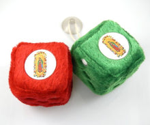 Load image into Gallery viewer, &quot;Guadalupe&quot; Car Fuzzy Dice Green/Red
