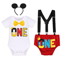 Load image into Gallery viewer, Baby Boy 1st Birthday Cake Smash Outfits Mouse Photo Costume Romper+Suspenders+Shorts+Headband 17: White One 6-12M
