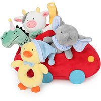 TILLYOU 4 PCS Soft Baby Rattle for Newborns, Plush Stuffed Animals, Rattle Shaker Set for Infants, Shower Gifts for Boys, Shaker & Teether Toys for 3 6 9 12 Months (Red Car Set)