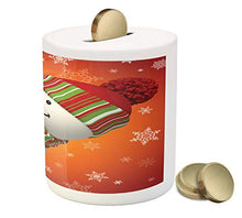 Load image into Gallery viewer, Ambesonne Christmas Piggy Bank, Snowman with Mittens and Hat and Scarf New Year Celebration Design, Printed Ceramic Coin Bank Money Box for Cash Saving, White Orange
