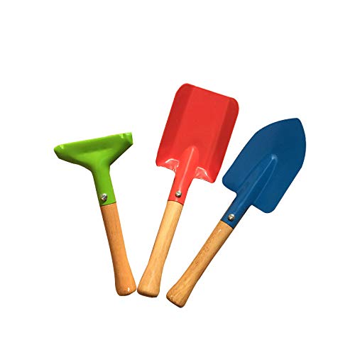 WYI Garden Tools 3-Piece Set, Metal Kiddie Trowel, Rake & Shovel with Sturdy Wooden Handle Children Beach Sandbox Toy Safe Mini Gardening Tools for Outdoor Activities