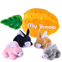 My Bunnies Plush Toy Set | Includes 4 Talking Fluffy Rabbits | Gray, Tan, Pink, and Black Bunnies with A Plush Carrot Shaped Carrier | Great Gift for Baby and Toddler Girls or Boys