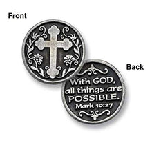 Load image into Gallery viewer, Guardian Angel, Serenity, with God All Things are Possible Pocket Token Coins | Prayer Coins with Inspirational Words | 12 Pewter Bulk Coin Set
