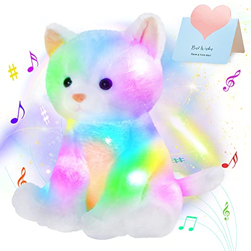 Houwsbaby LED Musical Stuffed Animal Kitty Floppy Singing Light Up Cat Plush Toy Lullaby Animated Soothe Glowing Birthday Gifts for Kids Toddlers, White, 11.5''