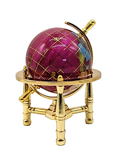 Unique Art 6-Inch Tall Pink Rubilite Pearl Swirl Ocean Mini Table Top Gemstone World Globe with Gold Tripod