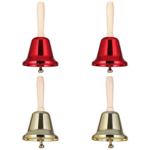 Amosfun 4Pcs Metal Hand Bell Christmas Call Bell with Wooden Handle for Hotel