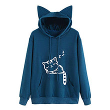 Load image into Gallery viewer, Amiley Women Fall Hoodies,Women Cute Printed Cat Ears Drawstring Hoodie Pullover Hooded Sweatshirt with Pocket (2XL, Blue)
