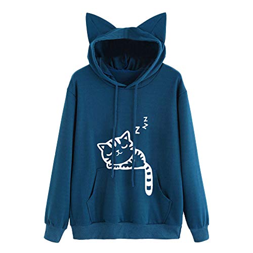 Amiley Women Fall Hoodies,Women Cute Printed Cat Ears Drawstring Hoodie Pullover Hooded Sweatshirt with Pocket (2XL, Blue)