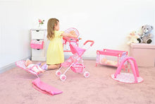 Load image into Gallery viewer, KOOKAMUNGA KIDS 6 Pc Baby Doll Stroller Set - Baby Doll Accessories - Baby Doll Playset w/ Doll Crib Stroller High Chair &amp; Feeding Tray - Playpen - Bouncer - Diaper Bag - Activity Mat - Ages 3+ (Pink)
