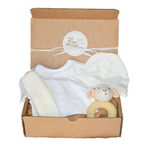 Load image into Gallery viewer, Organic Baby Gift Box Under 50 - Newborn Essentials and Lamb Rattle - Cream &amp; White
