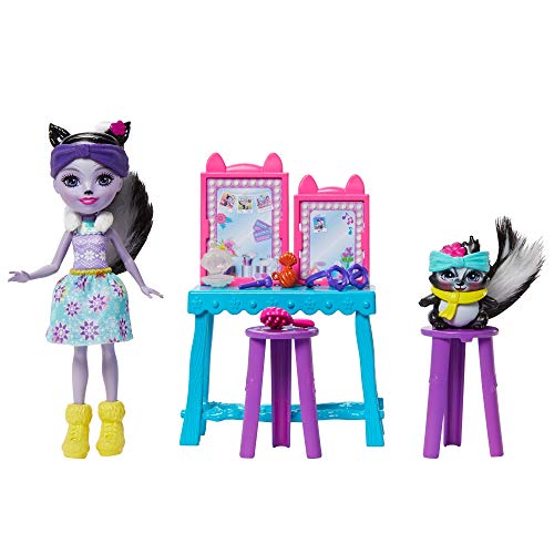 Enchantimals Stinkin Cute Vanity Playset with Sage Skunk Small Doll (6-in) and Caper Animal Friend Figure, Includes Vanity Set, Benches, and Beauty Accessories, Makes a Great Gift for 3-8 Year Olds