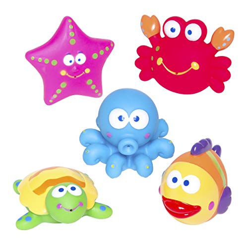 Elegant Baby Bath Time Fun Rubber Water Squirtie Toys in Vinyl Giftable Bag, Octopus, Crab Sea Squirt Toys