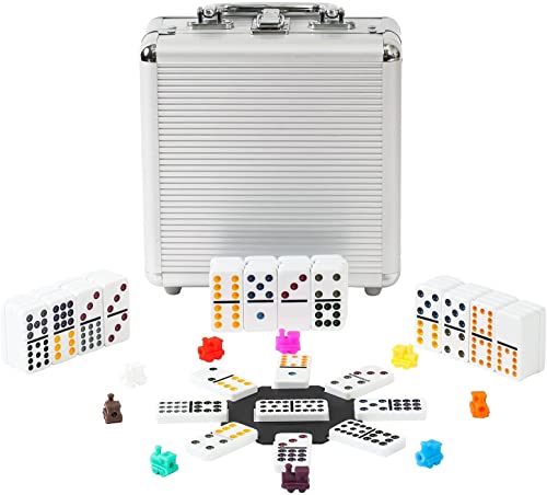 Double 12 Coloured Dot Dominoes Mexican Train Game Set with Aluminum Case, 91 Tiles 9 Trains, Scoreboard, Octagon Shape Hub