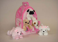 Plush Pink Dog House with Dogs - Five (5) Stuffed Animal Dogs in Pink Play Dog House Case