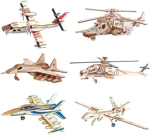 3D Wooden Puzzle - 6 Piece Set Aircraft & Helicopter Wooden Crafts Assembly Building Model - Wood Aircraft & Helicopter STEM DIY Brain Teaser Puzzle for Kids and Adults Teens Boys Girls