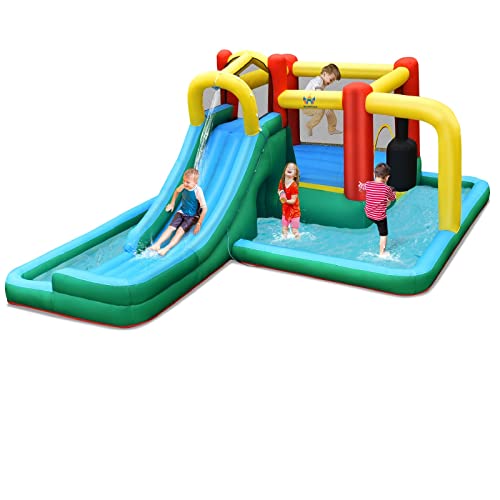 BOUNTECH Inflatable Water Slide, 6-in-1 Kids Water Bounce House Jumping Castle for Wet Dry Combo with Long Slide, Splash Pool, Climbing, Tunnel, Pendulum, Kids Water Slide for Outdoor (Without Blower)