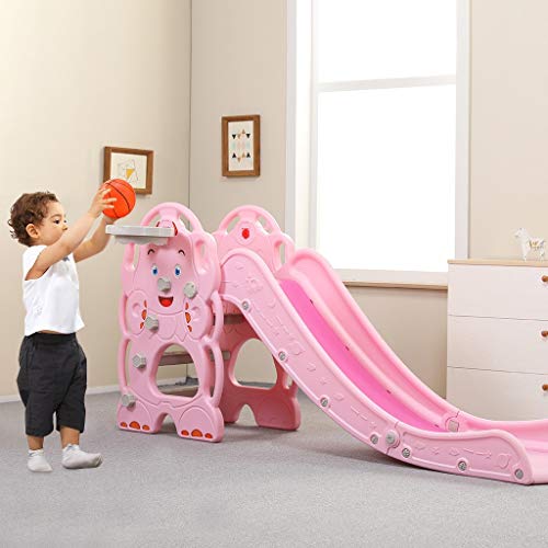 Children's Slide Basketball Frame, Climbing Stairs,Unisex Outdoor Use Kids Playset Toddler Climber and Swing Set Combination Climbers Slide Playset Indoor Outdoor Climber Sliding ?US Stock? (Pink)