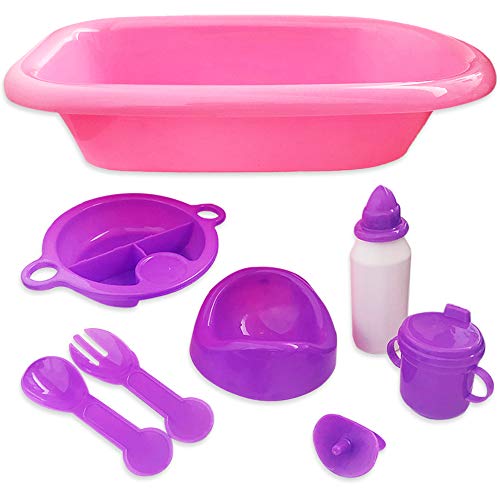 ArtCreativity Baby Doll Bath Playset, 8PC Baby Doll Accessories Set, Includes Mini Bathtub, Bottle, Sippy Cup, Plate and More, Cute Doll Toys for Girls, Great Birthday Gift for Kids