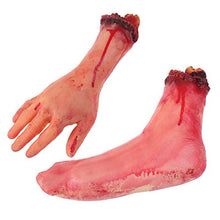 Load image into Gallery viewer, Omigga 2 Pack Fake Human Severed Arm Hand with Foot, Terror Bloody Dead Body Parts Decorations for Halloween Parties and Cosplay
