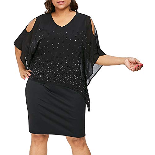 Plus Size Dress for Women Batwing Sleeve Cold Shoulder Chiffon Patchwork Dot Printed Asymmetric Elegant Dresses (XL, Black)