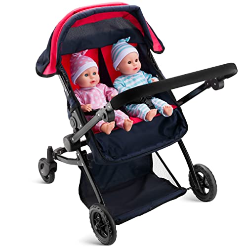 Hushlily - Reversible Double Doll Luxury Stroller with Adjustable Canopy & Basket (Red & Denim Blue)