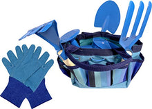 Load image into Gallery viewer, KidsGarden Set &amp;BucketHat Combo:Real Metal Tools &amp; Wooden Handles; Shovel, Rake &amp; Pitch Fork, Pitcher, Gloves &amp; Carrying Bag.Sure-Fit Adjustable Hat with Chin Strap &amp; Ventilation Panels. Blue S/M

