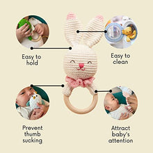 Load image into Gallery viewer, Chippi &amp; Co Crochet Teether Wooden Rattle Ring, Long Ear Stuffed White Rabbit Plush Baby Newborn Boy Girl 0 3 6 Sensory Development Toy (Olive Bunny)
