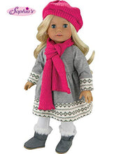 Load image into Gallery viewer, Sophia&#39;s Doll Clothes 4 Pc. Outfit fit for 18 Inch American Girl Dolls &amp; More! Grey Fair Isle Style Doll Sweater Dress, Leggings, Scarf &amp; Doll Pink Hat
